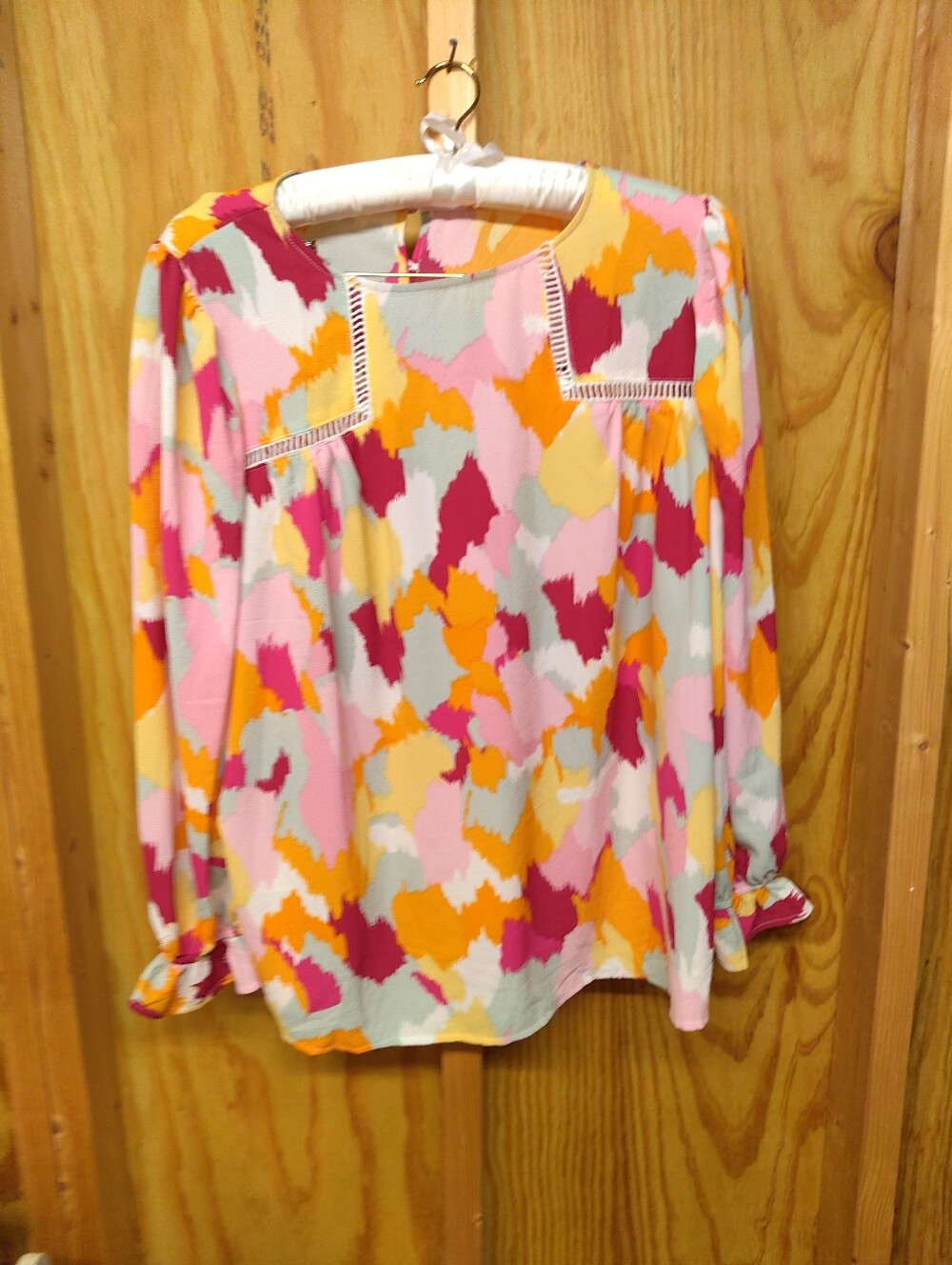 Abstract Camo Paint Splash Long Sleeve Blouse Ladder Cutout Lattice Yoke XL